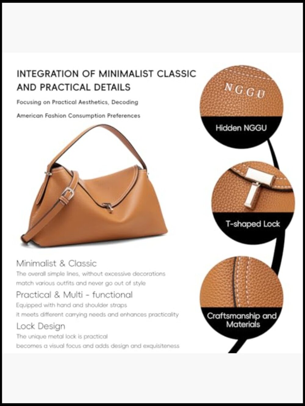 Leather Crossbody Bag Satchel with Multiple Compartments Twist Lock Top Handle - Picture 3 of 7